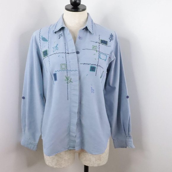 Napa Valley Petites Women's M Blue Embroidered Leaf Button-Up Roll-Tab Shirt - Picture 1 of 9